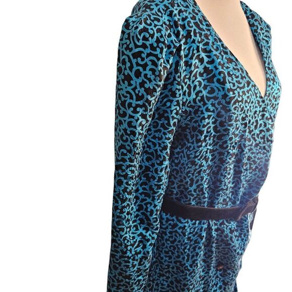 Vintage 80s Maggie London Dress Womens 8 Blue Black Silk Midi Drop Waist Peplum - Picture 2 of 8